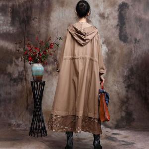 Lace Embroidery Plus Size Trench Coat Front Zip Hooded Coat