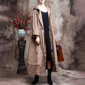 Lace Embroidery Plus Size Trench Coat Front Zip Hooded Coat