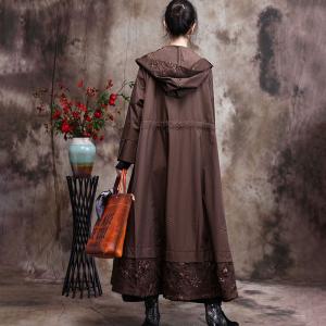 Lace Embroidery Plus Size Trench Coat Front Zip Hooded Coat