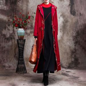 Lace Embroidery Plus Size Trench Coat Front Zip Hooded Coat