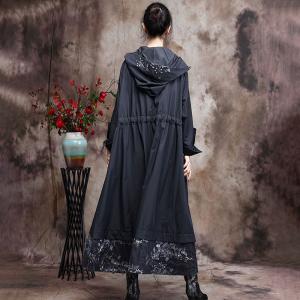 Lace Embroidery Plus Size Trench Coat Front Zip Hooded Coat