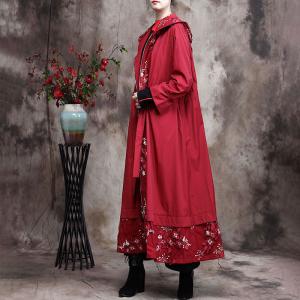 Lace Embroidery Plus Size Trench Coat Front Zip Hooded Coat