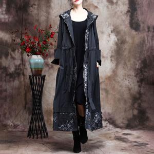 Lace Embroidery Plus Size Trench Coat Front Zip Hooded Coat