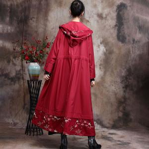 Lace Embroidery Plus Size Trench Coat Front Zip Hooded Coat