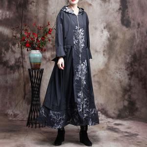 Lace Embroidery Plus Size Trench Coat Front Zip Hooded Coat