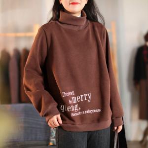 Letter Embroidery Cotton Sweatshirt Oversized High Neck Pullover