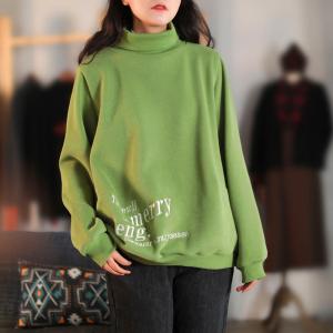 Letter Embroidery Cotton Sweatshirt Oversized High Neck Pullover