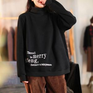 Letter Embroidery Cotton Sweatshirt Oversized High Neck Pullover