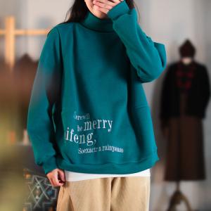 Letter Embroidery Cotton Sweatshirt Oversized High Neck Pullover