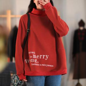 Letter Embroidery Cotton Sweatshirt Oversized High Neck Pullover