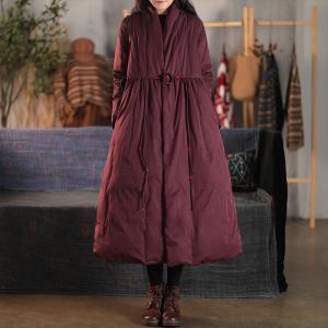 Magnet Button Plus Size Down Coat Embroidered Tied Puffer Coat