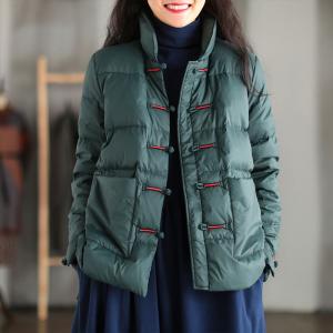 Embroidered Buttons Chinese Down Coat Short Vintage Puffer