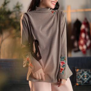 Butterfly and Flowers Embroidery Pullover Ethnic Comfy Base Shirt