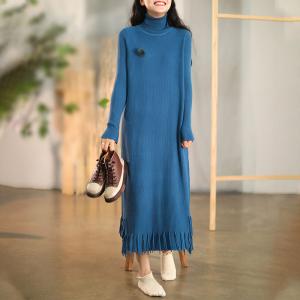 Slim-Fit Knit Sweater Dress Turtleneck Fringe Dress