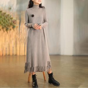 Slim-Fit Knit Sweater Dress Turtleneck Fringe Dress