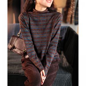 Folk Style Mock Neck Printed Sweater Cotton Oversized Knit Top