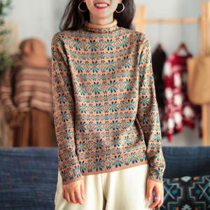 Folk Style Mock Neck Printed Sweater Cotton Oversized Knit Top