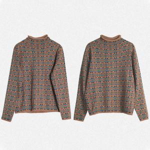 Folk Style Mock Neck Printed Sweater Cotton Oversized Knit Top