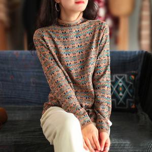 Folk Style Mock Neck Printed Sweater Cotton Oversized Knit Top