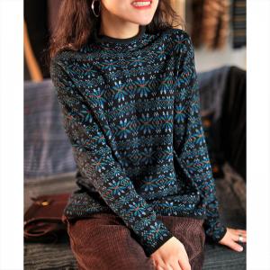 Folk Style Mock Neck Printed Sweater Cotton Oversized Knit Top