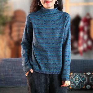 Folk Style Mock Neck Printed Sweater Cotton Oversized Knit Top