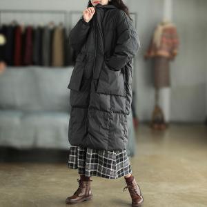 Big Pockets Plus Size Down Coat Long Hooded Puffer Overcoat