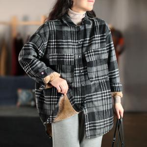 Korean Style Long Oversized Shacket Fleece Gingham Blouse