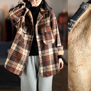 Korean Style Long Oversized Shacket Fleece Gingham Blouse