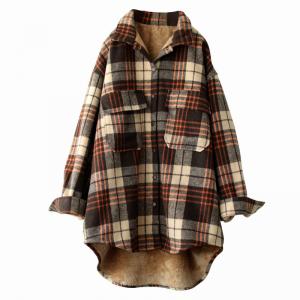 Korean Style Long Oversized Shacket Fleece Gingham Blouse