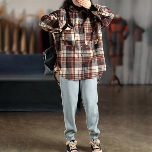 Korean Style Long Oversized Shacket Fleece Gingham Blouse