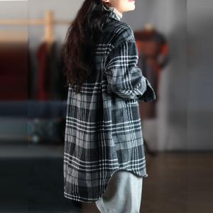 Korean Style Long Oversized Shacket Fleece Gingham Blouse
