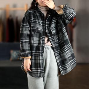 Korean Style Long Oversized Shacket Fleece Gingham Blouse