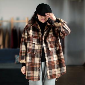 Korean Style Long Oversized Shacket Fleece Gingham Blouse