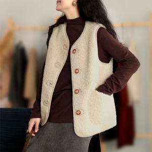 V-Neck Single-Breasted Vest Coat Plain Fake Sherpa Waistcoat