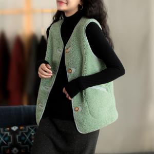 V-Neck Single-Breasted Vest Coat Plain Fake Sherpa Waistcoat