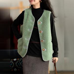 V-Neck Single-Breasted Vest Coat Plain Fake Sherpa Waistcoat