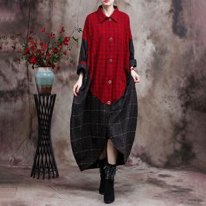 Red Plaid Balloon Dress Plus Size Cotton Linen Midi Outerwear