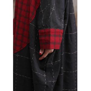 Red Plaid Balloon Dress Plus Size Cotton Linen Midi Outerwear