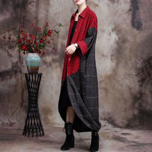 Red Plaid Balloon Dress Plus Size Cotton Linen Midi Outerwear