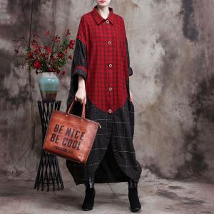 Red Plaid Balloon Dress Plus Size Cotton Linen Midi Outerwear