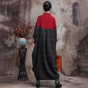 Red Plaid Balloon Dress Plus Size Cotton Linen Midi Outerwear