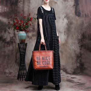 Spring Black Striped Dress Cotton Linen Loose Camisole Dress