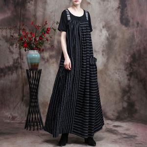 Spring Black Striped Dress Cotton Linen Loose Camisole Dress