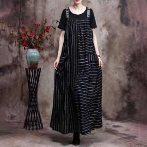 Spring Black Striped Dress Cotton Linen Loose Camisole Dress