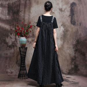 Spring Black Striped Dress Cotton Linen Loose Camisole Dress