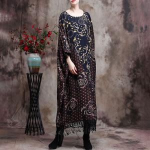 Rose Patterns Elegant Islamic Kaftan Plus Size Fringe Dress