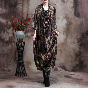 Mulberry Silk Draped Collar Modest Dress Printed Large Dress for Senior Women