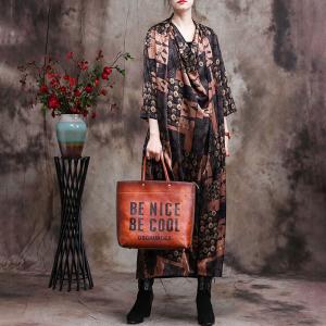Mulberry Silk Draped Collar Modest Dress Printed Large Dress for Senior Women