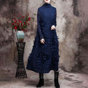 Stereo Applique High Neck Dress Lace Elegant Shift Dress