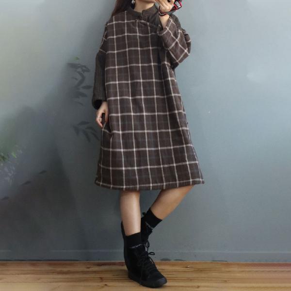 British Style Quilted Plaid Dress Cotton Linen Knee Length Dress